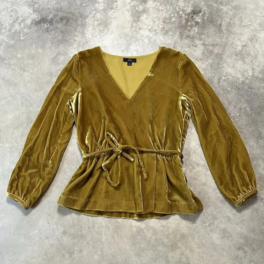 J.Crew Shirt Womens‎ 2 Yellow Gold Faux-wrap Drapey Velvet Belted Waist J4962